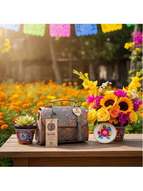 Blue Gray Bronze Sunflower Embossed Tooled Artisan Leather Crossbody Purse